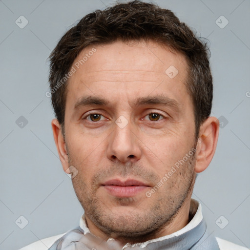 Neutral white adult male with short  brown hair and brown eyes