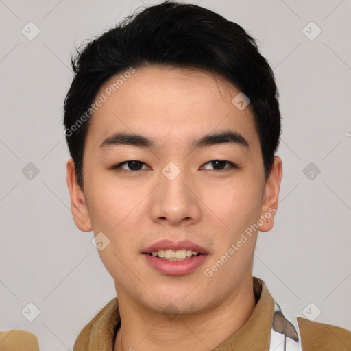 Joyful asian young-adult male with short  black hair and brown eyes