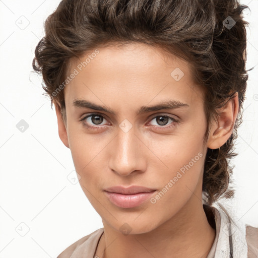 Neutral white young-adult female with medium  brown hair and brown eyes