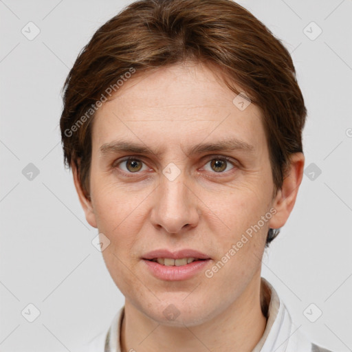 Joyful white adult male with short  brown hair and grey eyes