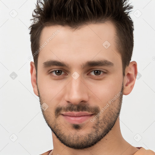 Neutral white young-adult male with short  brown hair and brown eyes