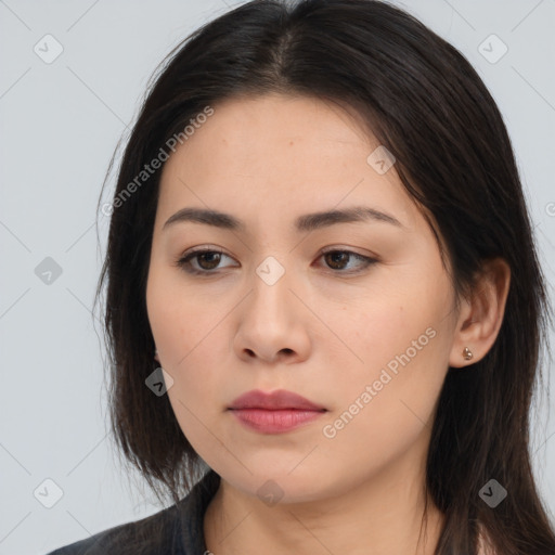 Neutral asian young-adult female with long  brown hair and brown eyes