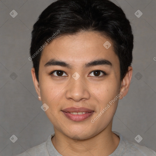 Joyful asian young-adult male with short  brown hair and brown eyes