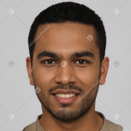 Joyful latino young-adult male with short  black hair and brown eyes