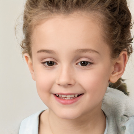 Joyful white child female with medium  brown hair and brown eyes