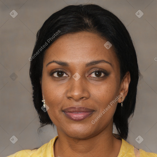 Joyful black young-adult female with medium  black hair and brown eyes