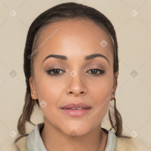 Joyful white young-adult female with long  brown hair and brown eyes