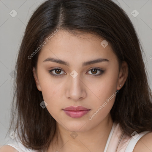 Neutral white young-adult female with medium  brown hair and brown eyes