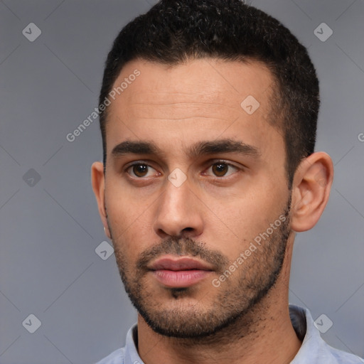 Neutral white young-adult male with short  black hair and brown eyes