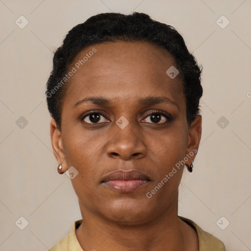 Neutral black young-adult female with short  brown hair and brown eyes