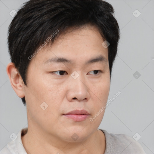 Neutral asian young-adult male with short  brown hair and brown eyes