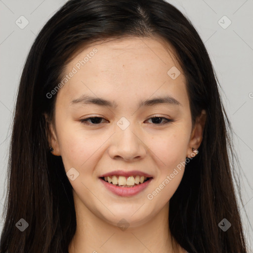 Joyful asian young-adult female with long  brown hair and brown eyes