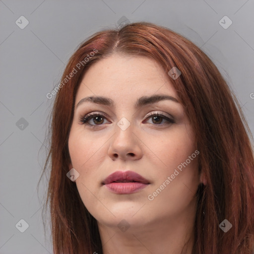 Neutral white young-adult female with long  brown hair and brown eyes