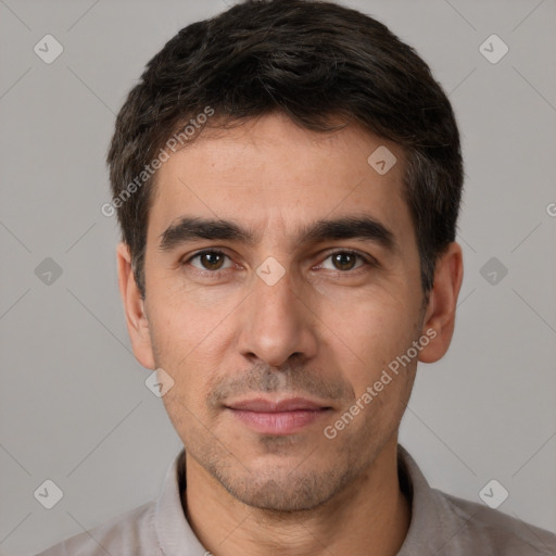 Neutral white young-adult male with short  brown hair and brown eyes