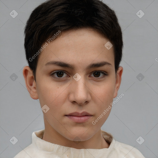 Neutral white young-adult female with short  brown hair and brown eyes