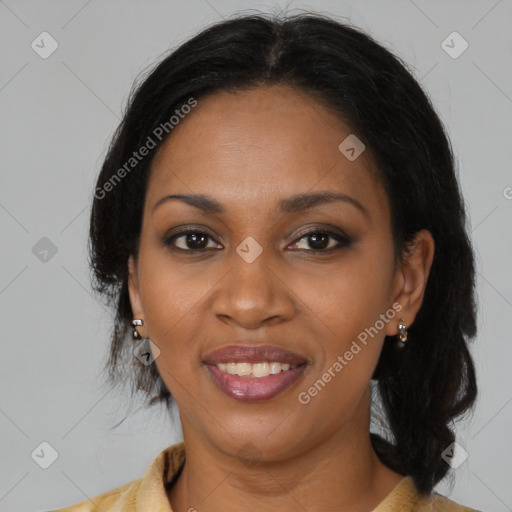Joyful black young-adult female with medium  black hair and brown eyes
