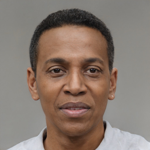 Joyful black adult male with short  black hair and brown eyes