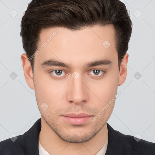 Neutral white young-adult male with short  brown hair and brown eyes