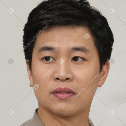 Neutral asian young-adult male with short  black hair and brown eyes