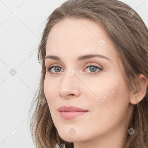 Neutral white young-adult female with long  brown hair and grey eyes