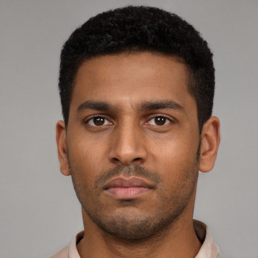 Neutral latino young-adult male with short  black hair and brown eyes