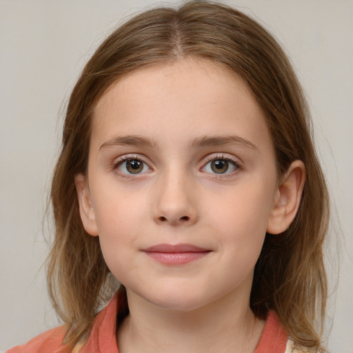 Neutral white child female with medium  brown hair and grey eyes