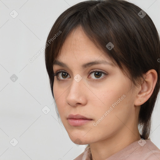 Neutral white young-adult female with medium  brown hair and brown eyes