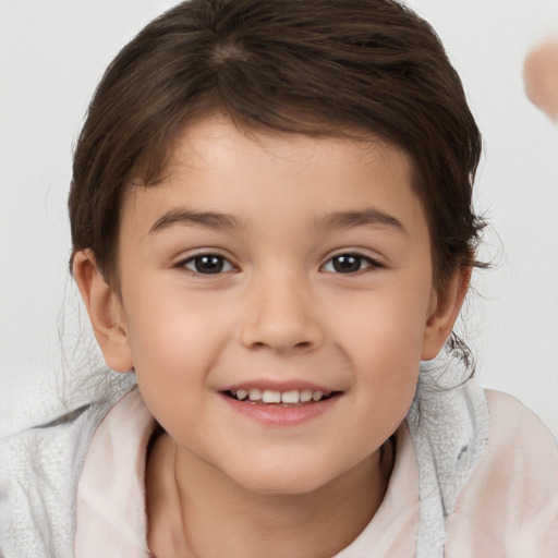 Joyful white child female with medium  brown hair and brown eyes