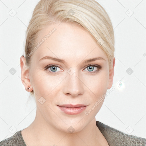 Joyful white young-adult female with medium  brown hair and blue eyes