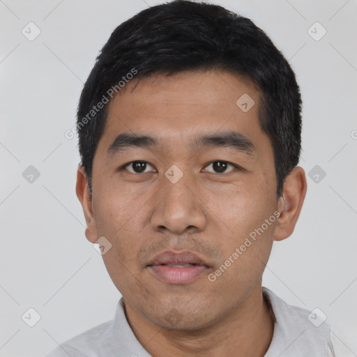 Neutral asian young-adult male with short  black hair and brown eyes