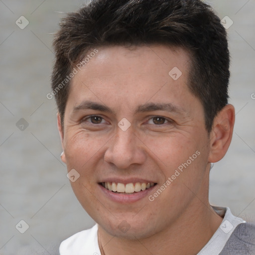 Joyful white young-adult male with short  brown hair and brown eyes