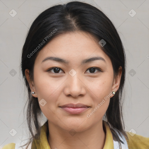 Joyful asian young-adult female with medium  brown hair and brown eyes