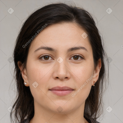 Joyful white young-adult female with medium  brown hair and brown eyes