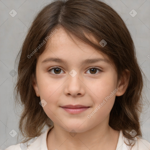 Joyful white child female with medium  brown hair and brown eyes