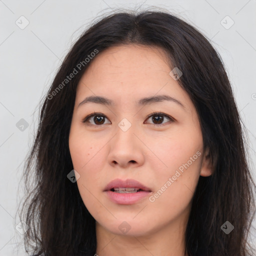 Neutral asian young-adult female with long  brown hair and brown eyes