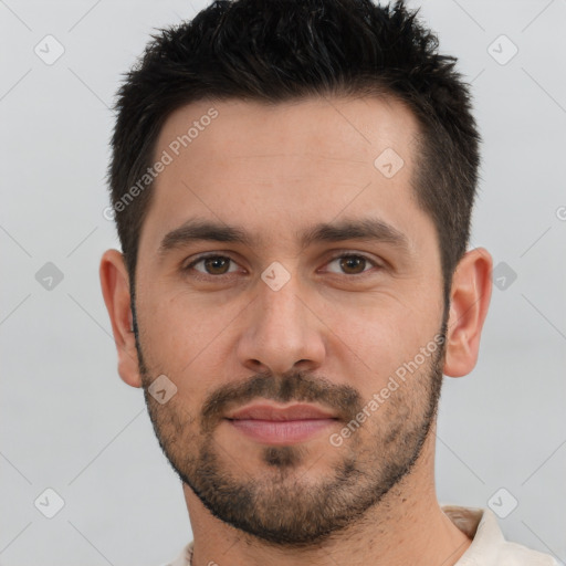 Neutral white young-adult male with short  brown hair and brown eyes