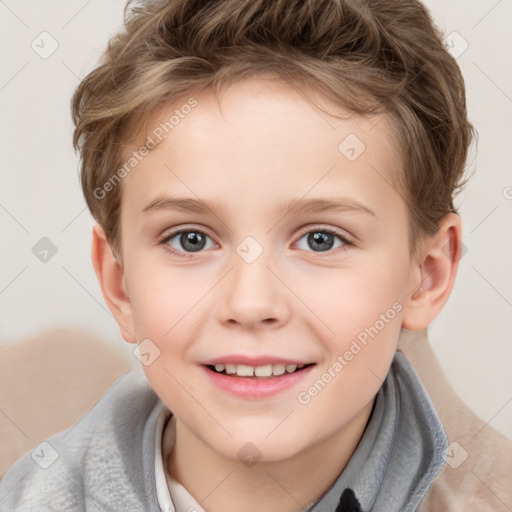 Joyful white child female with short  brown hair and brown eyes