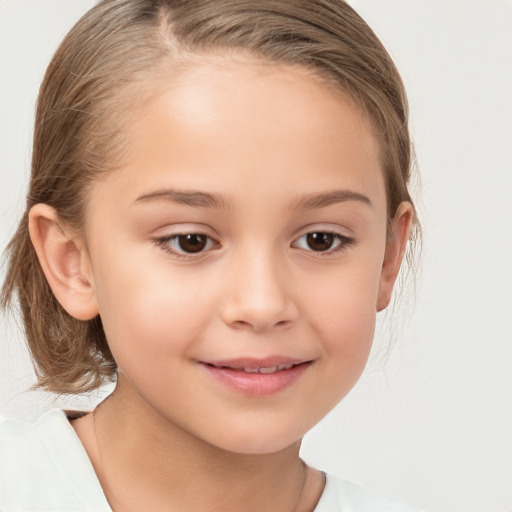 Joyful white child female with medium  brown hair and brown eyes