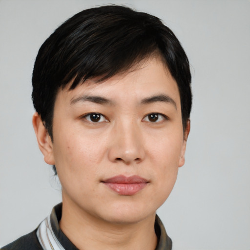 Neutral asian young-adult male with short  black hair and brown eyes