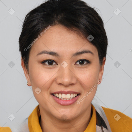 Joyful asian young-adult female with short  brown hair and brown eyes