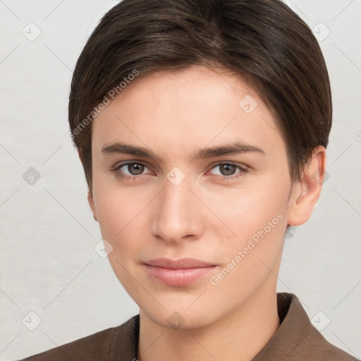 Neutral white young-adult female with short  brown hair and brown eyes