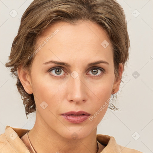 Neutral white young-adult female with medium  brown hair and brown eyes