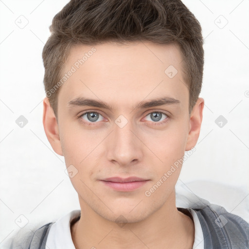 Neutral white young-adult male with short  brown hair and brown eyes