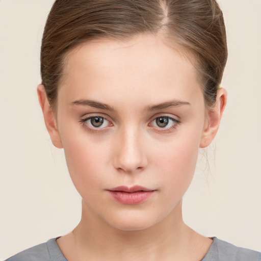 Neutral white young-adult female with short  brown hair and grey eyes