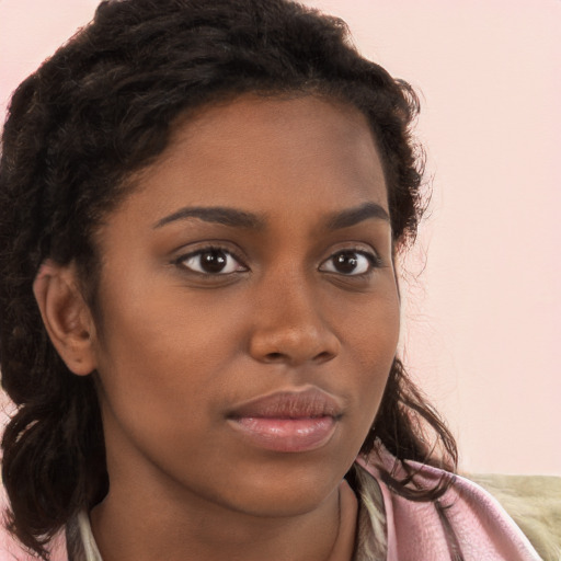 Neutral black young-adult female with medium  brown hair and brown eyes