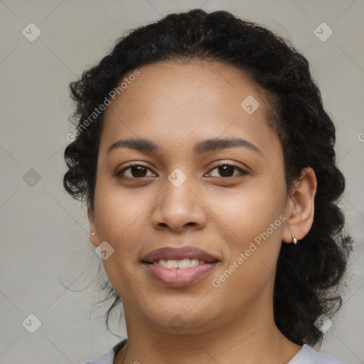 Joyful latino young-adult female with medium  black hair and brown eyes