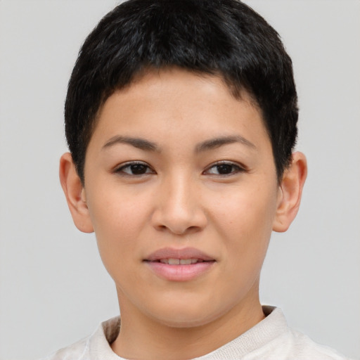 Joyful asian young-adult female with short  black hair and brown eyes