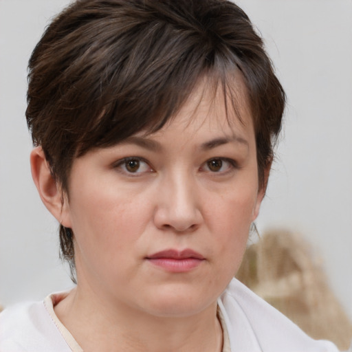 Neutral white young-adult female with medium  brown hair and brown eyes