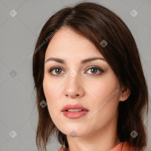 Neutral white young-adult female with medium  brown hair and brown eyes