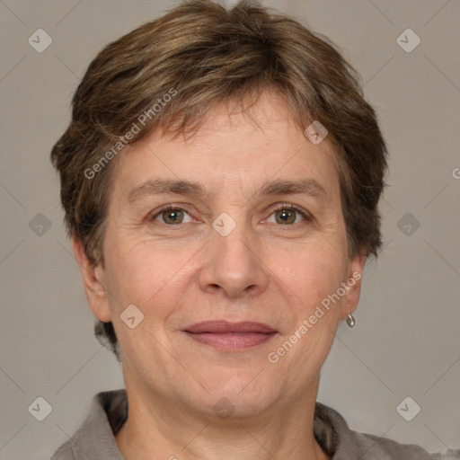 Joyful white adult male with short  brown hair and grey eyes